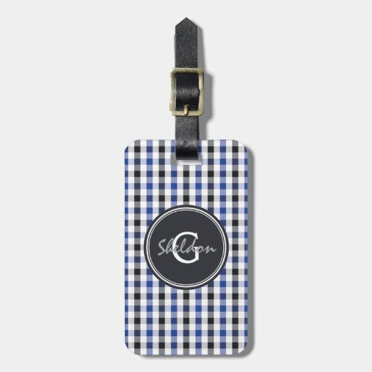 chic preppy blue zwarte gingham patroon monogram bagagelabel (Voorkant verticaal)