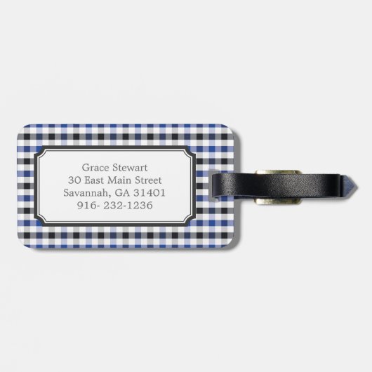 chic preppy blue zwarte gingham patroon monogram bagagelabel (Achterkant horizontaal)