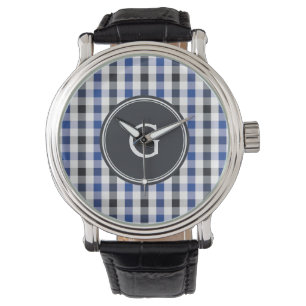 chic preppy blue zwarte gingham patroon monogram horloge