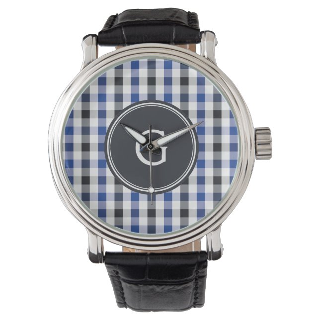 chic preppy blue zwarte gingham patroon monogram horloge (Voorkant)