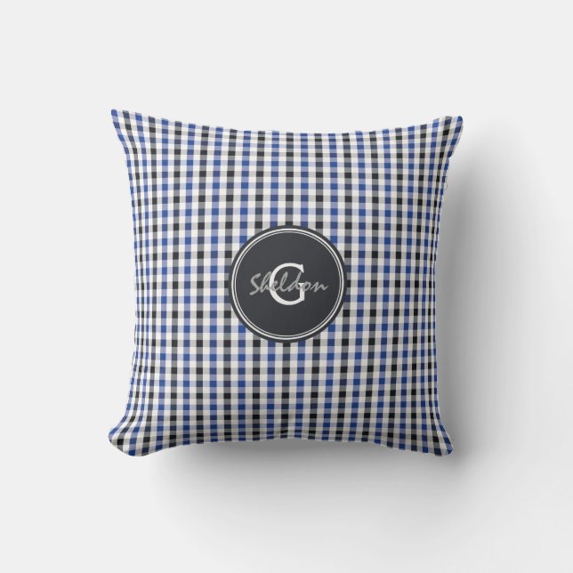 chic preppy blue zwarte gingham patroon monogram kussen (Voorkant)