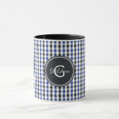 chic preppy blue zwarte gingham patroon monogram mok (Midden)