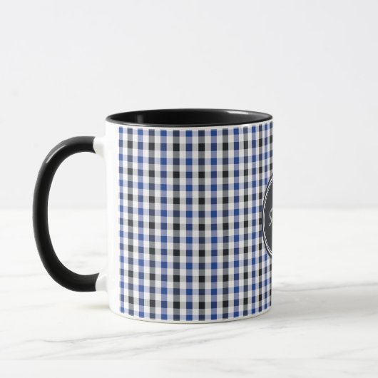chic preppy blue zwarte gingham patroon monogram mok (Links)