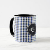 chic preppy blue zwarte gingham patroon monogram mok (Voorkant links)