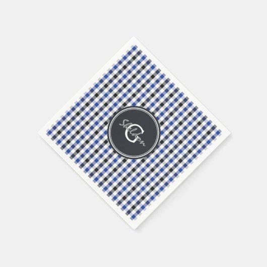 chic preppy blue zwarte gingham patroon monogram servetten (Hoek)