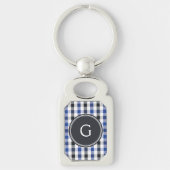 chic preppy blue zwarte gingham patroon monogram sleutelhanger (Voorkant)