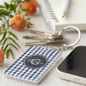chic preppy blue zwarte gingham patroon monogram sleutelhanger (Voorkant Rechts)