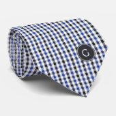 chic preppy blue zwarte gingham patroon monogram stropdas (Opgerold)