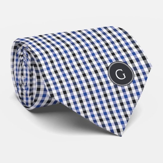 chic preppy blue zwarte gingham patroon monogram stropdas (Opgerold)