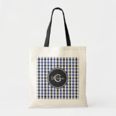 chic preppy blue zwarte gingham patroon monogram tote bag (Voorkant)