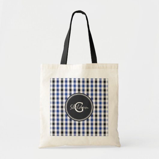 chic preppy blue zwarte gingham patroon monogram tote bag (Voorkant)
