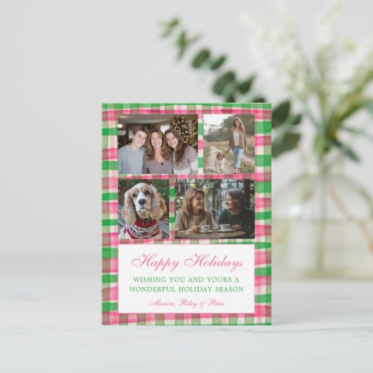 Chic Preppy Plaid Kerstmis Custom 4 Fotocollage Feestdagenkaart (Staand voorkant)