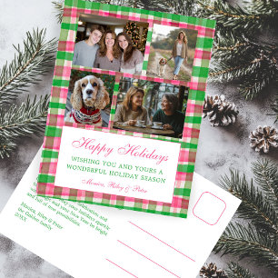 Chic Preppy Plaid Kerstmis Custom 4 Fotocollage Feestdagenkaart