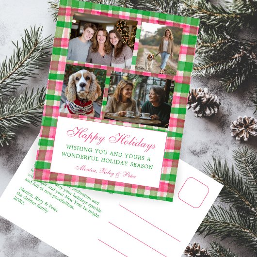 Chic Preppy Plaid Kerstmis Custom 4 Fotocollage Feestdagenkaart
