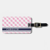 chic preppy roze navy gingham patroonmonogram bagagelabel (Voorkant horizontaal)