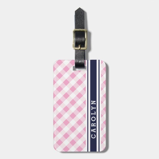 chic preppy roze navy gingham patroonmonogram bagagelabel (Voorkant verticaal)