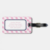 chic preppy roze navy gingham patroonmonogram bagagelabel (Achterkant horizontaal)