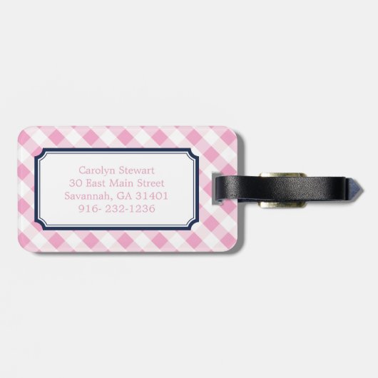 chic preppy roze navy gingham patroonmonogram bagagelabel (Achterkant horizontaal)