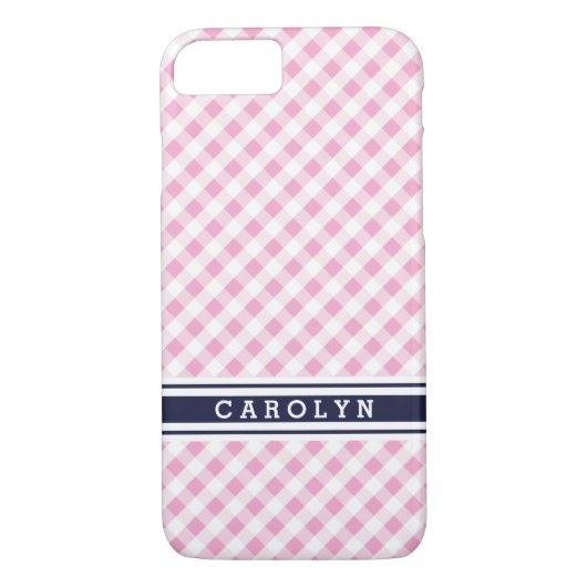 chic preppy roze navy gingham patroonmonogram Case-Mate iPhone case (Achterkant)