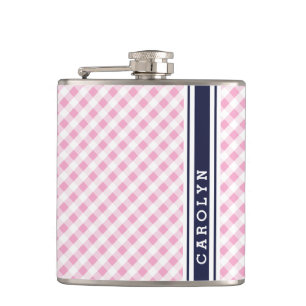 chic preppy roze navy gingham patroonmonogram heupfles