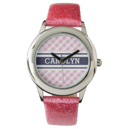 chic preppy roze navy gingham patroonmonogram horloge