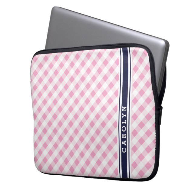 chic preppy roze navy gingham patroonmonogram laptop sleeve (Voorkant Links)