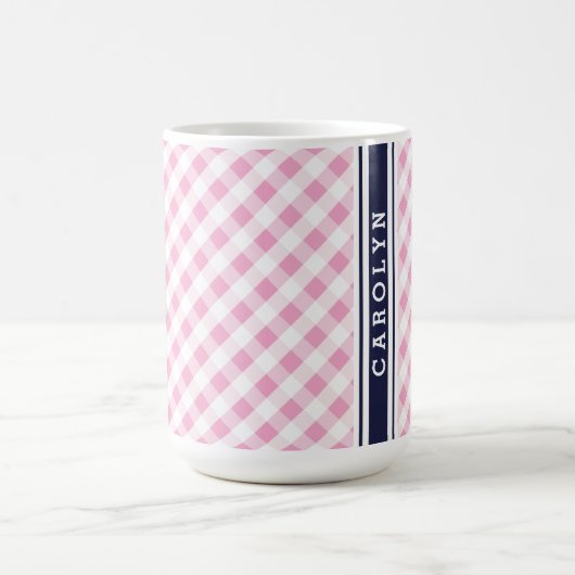 chic preppy roze navy gingham patroonmonogram mok (Center)