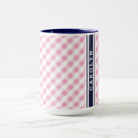 chic preppy roze navy gingham patroonmonogram mok (Midden)