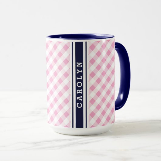 chic preppy roze navy gingham patroonmonogram mok (Voorkant rechts)