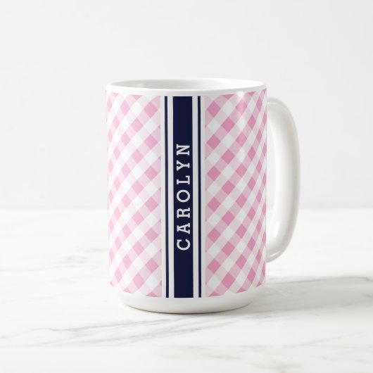 chic preppy roze navy gingham patroonmonogram mok (Voorkant rechts)