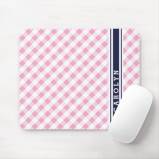 chic preppy roze navy gingham patroonmonogram muismat (Met muis)