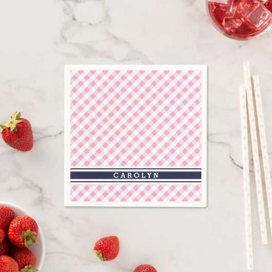 chic preppy roze navy gingham patroonmonogram servetten (Insitu)