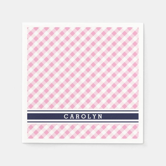 chic preppy roze navy gingham patroonmonogram servetten (Voorkant)