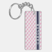 chic preppy roze navy gingham patroonmonogram sleutelhanger (Voorkant Links)