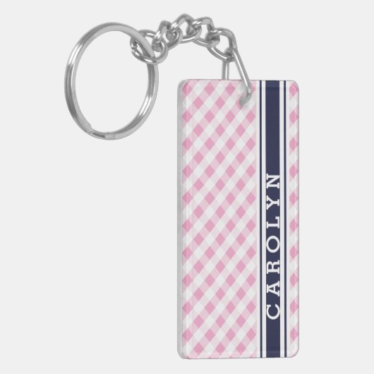 chic preppy roze navy gingham patroonmonogram sleutelhanger (Voorkant Links)