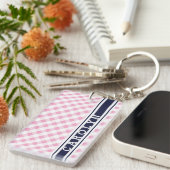 chic preppy roze navy gingham patroonmonogram sleutelhanger (Voorkant Rechts)