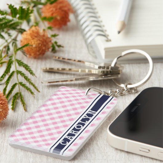 chic preppy roze navy gingham patroonmonogram sleutelhanger (Voorkant Rechts)