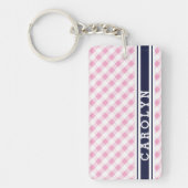 chic preppy roze navy gingham patroonmonogram sleutelhanger (Voorkant)
