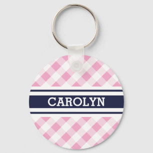 chic preppy roze navy gingham patroonmonogram sleutelhanger
