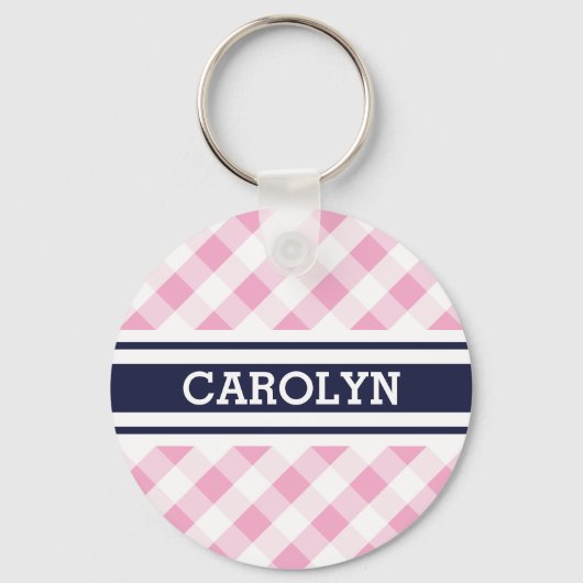 chic preppy roze navy gingham patroonmonogram sleutelhanger (Voorkant)