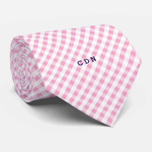 chic preppy roze navy gingham patroonmonogram stropdas (Opgerold)