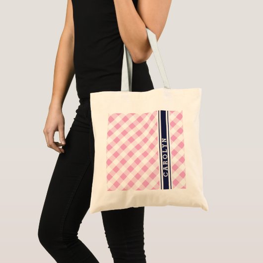 chic preppy roze navy gingham patroonmonogram tote bag (Voorkant (product))