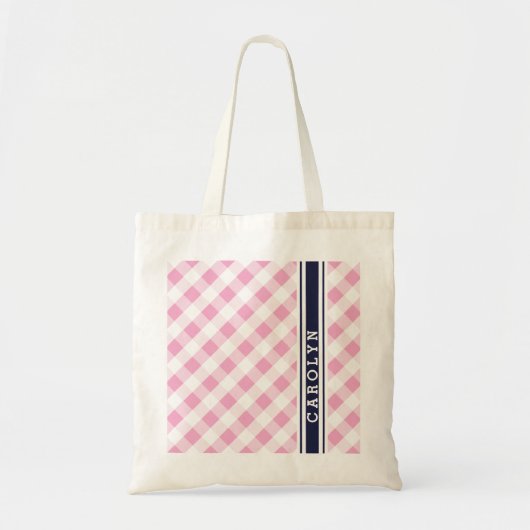 chic preppy roze navy gingham patroonmonogram tote bag (Voorkant)