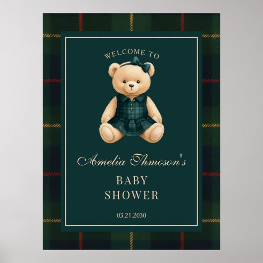 Chic Preppy Teddy Bear Baby Shower Welcome Poster (Voorkant)
