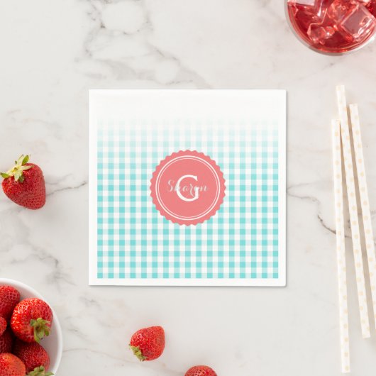 chic preppy turquoise gingham patroon monogram servetten (Insitu)