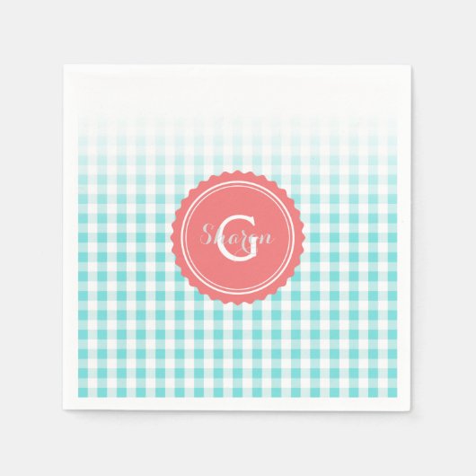 chic preppy turquoise gingham patroon monogram servetten (Voorkant)