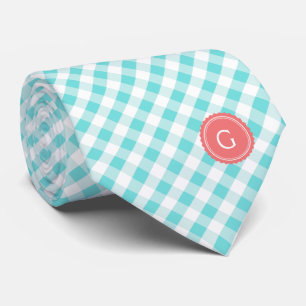 chic preppy turquoise gingham patroon monogram stropdas