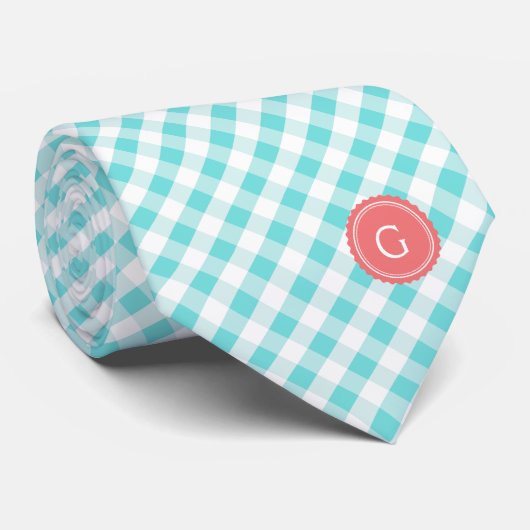 chic preppy turquoise gingham patroon monogram stropdas (Opgerold)