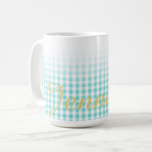 chic preppy turuqoise gingham patroonmonogram mok (Voorkant links)