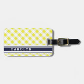 chic preppy yellow navy gingham patroon monogram bagagelabel (Voorkant horizontaal)